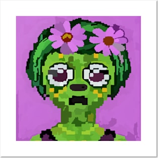 watercolor flowers green zombie girl pixel art Posters and Art